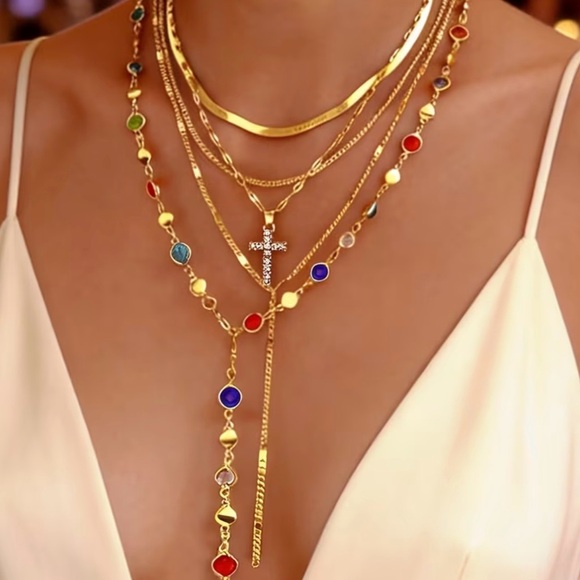 Jewelry - 5 pc Set Gold Multi-Color Gem Layered Necklace